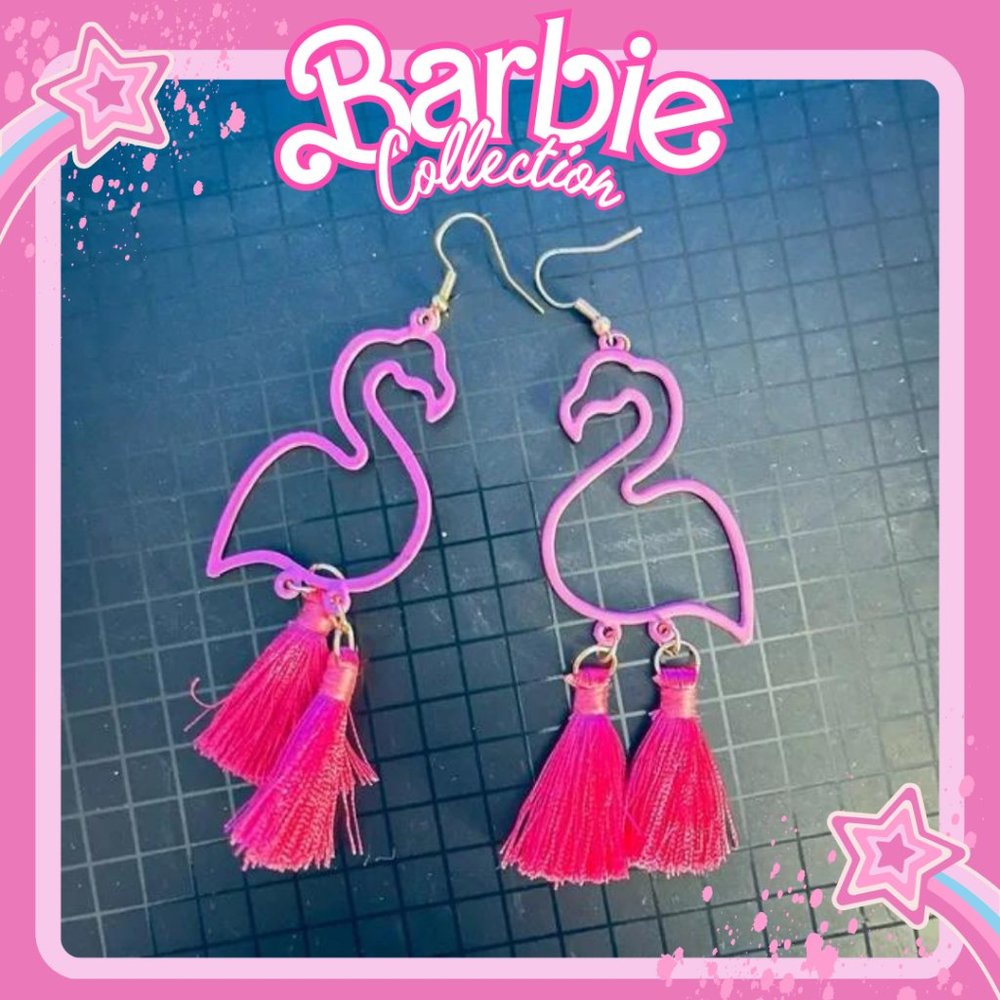 Pink Flamingo Hook Dangle Fringe Earrings